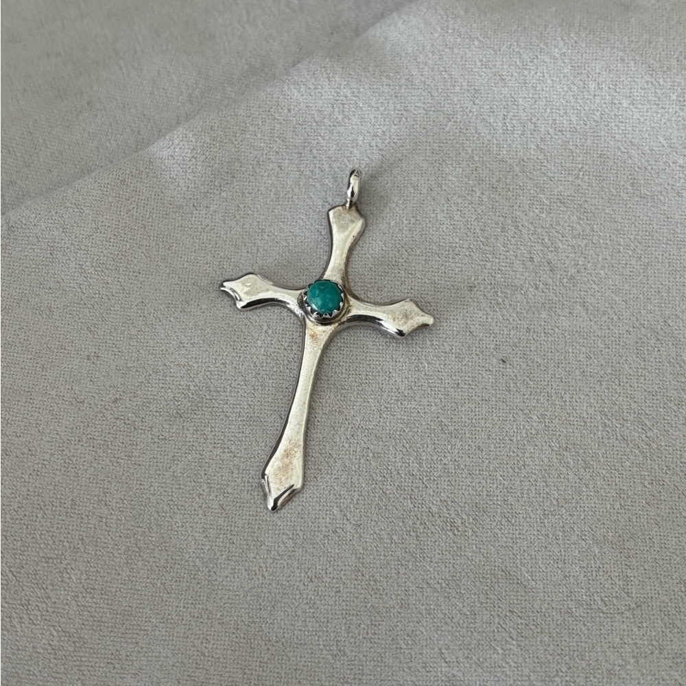 Silver Cross Pendant with Turquoise Accent